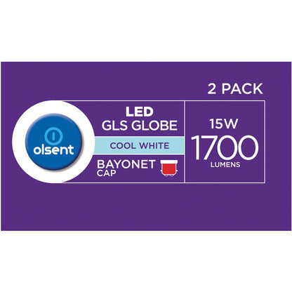 Olsent LED GLS Bayonet Cap 15W 1700lm Cool White Light Globe 2 pack