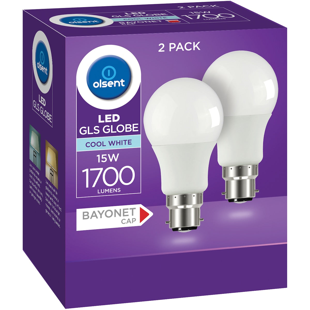 Olsent LED GLS Bayonet Cap 15W 1700lm Cool White Light Globe 2 pack