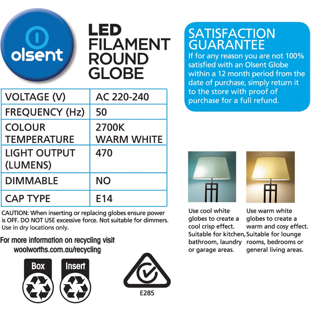 Olsent LED Filament Round Globe 4W Small Edison Screw 2 pack