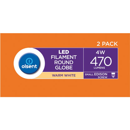 Olsent LED Filament Round Globe 4W Small Edison Screw 2 pack