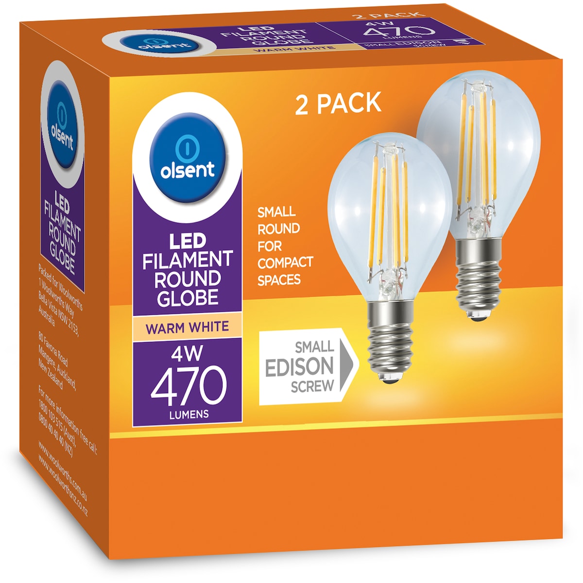 Olsent LED Filament Round Globe 4W Small Edison Screw 2 pack