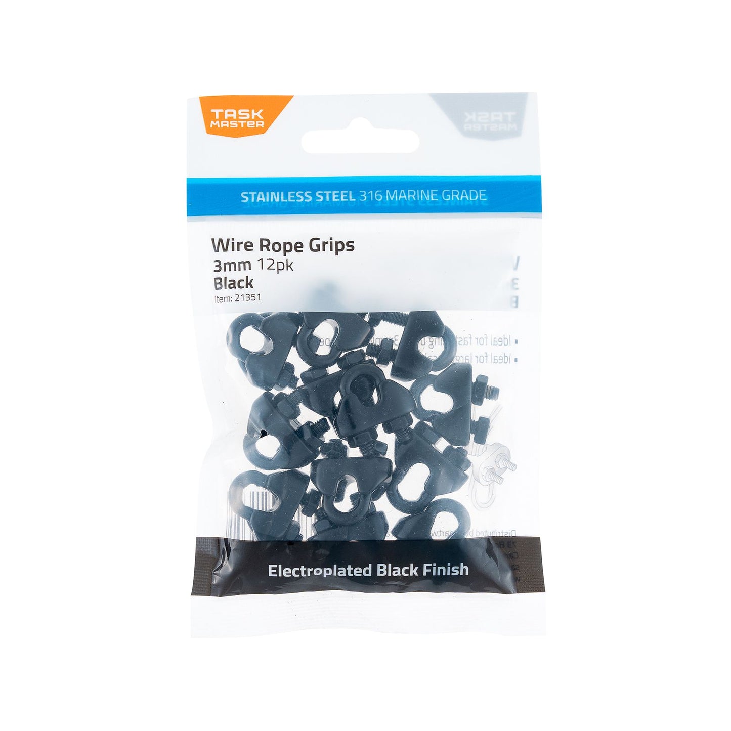 Taskmaster Black Stainless Steel Wire Rope Grips - 3mm - 12 Pack