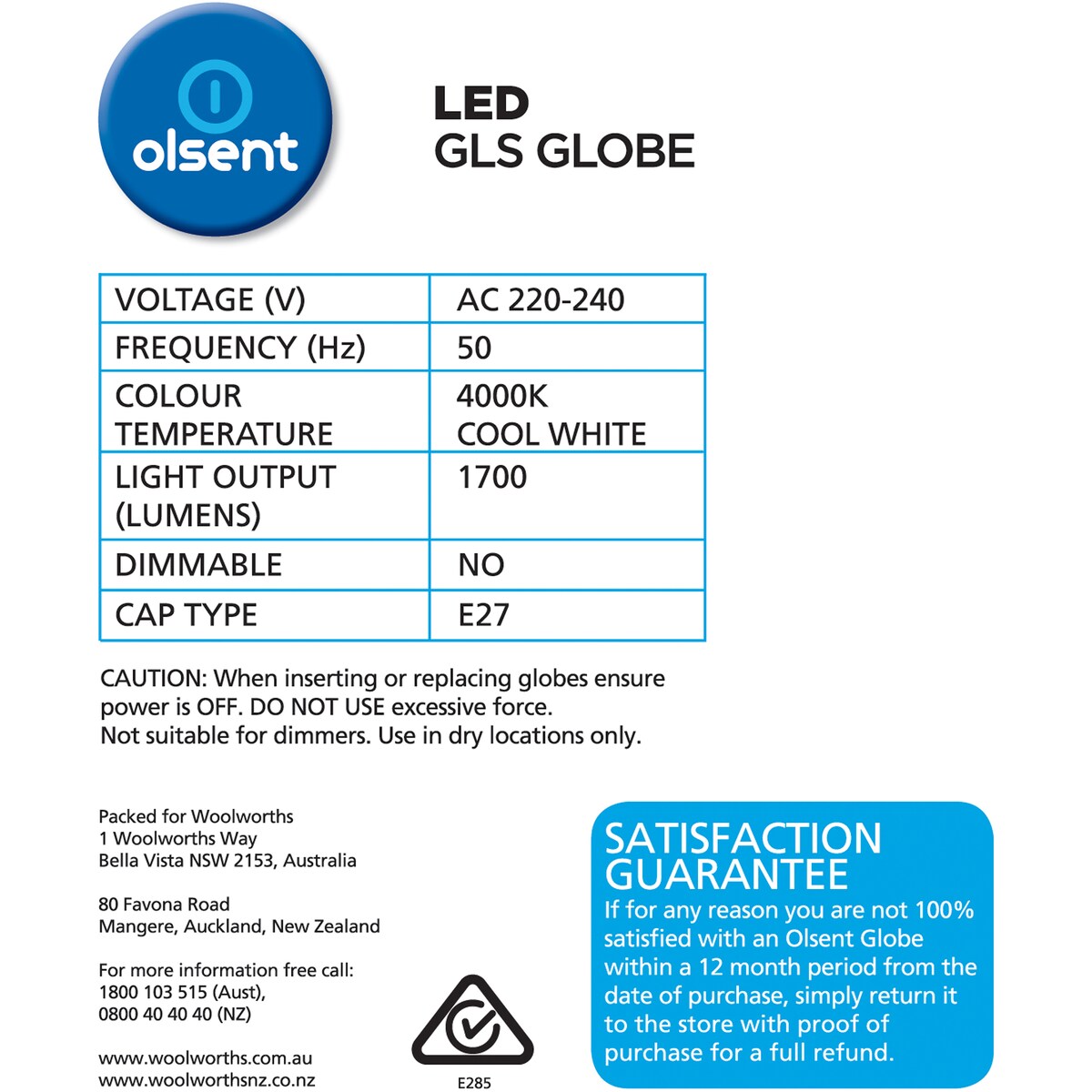Olsent LED GLS Globe 15W Cool White Edison Screw 2 pack