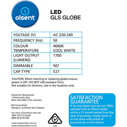 Olsent LED GLS Globe 15W Cool White Edison Screw 2 pack