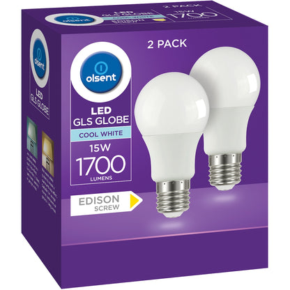 Olsent LED GLS Globe 15W Cool White Edison Screw 2 pack