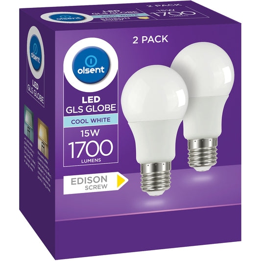 Olsent LED GLS Globe 15W Cool White Edison Screw 2 pack