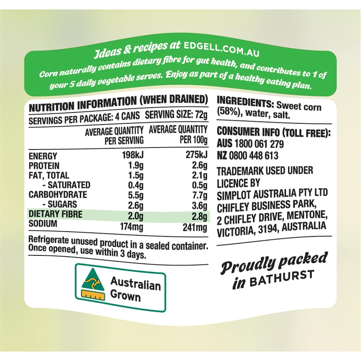 Edgell Grown Sweet Corn Kernels 125g X 4 Pack