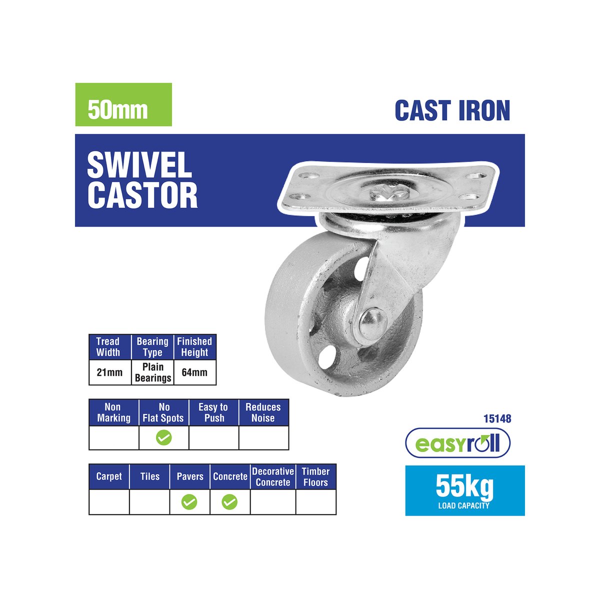 Easyroll Castor - 50mm - Cast Iron - High Load Capacity