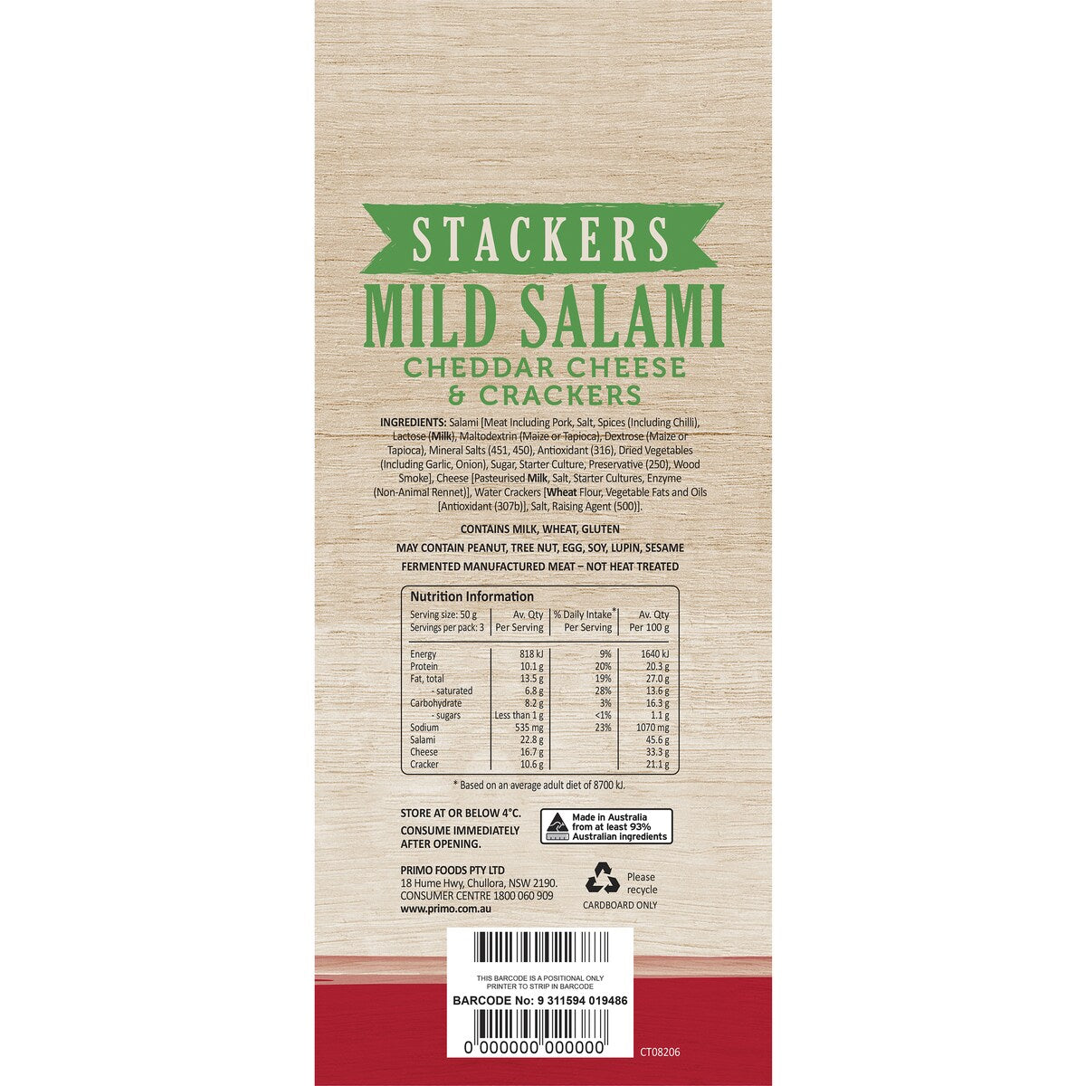 Primo Stackers Mild Salami Cheddar Cheese & Crackers 3 Pack