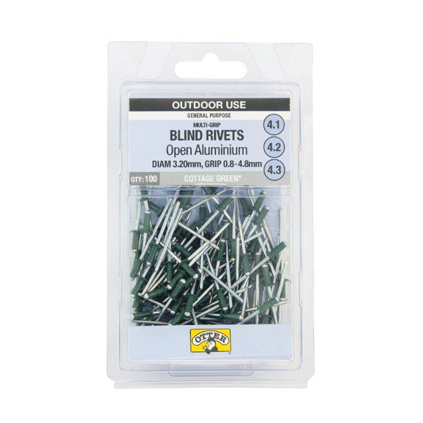 Otter Cottage Green Multi Grip Open Aluminium Blind Rivets - 100 Pack