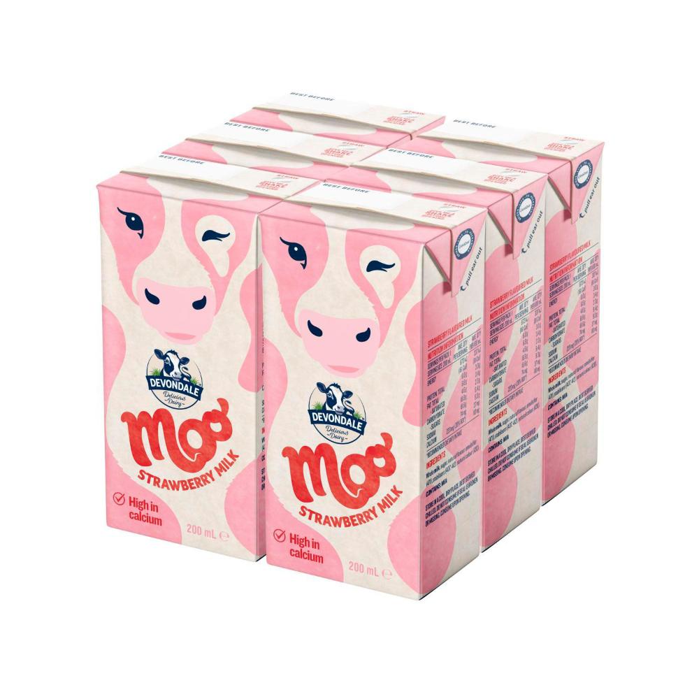 Devondale Moo Flavoured Strawberry Multipack Milk 200ml - 6 pack