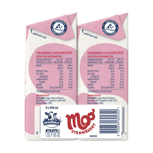 Devondale Moo Flavoured Strawberry Multipack Milk 200ml - 6 pack