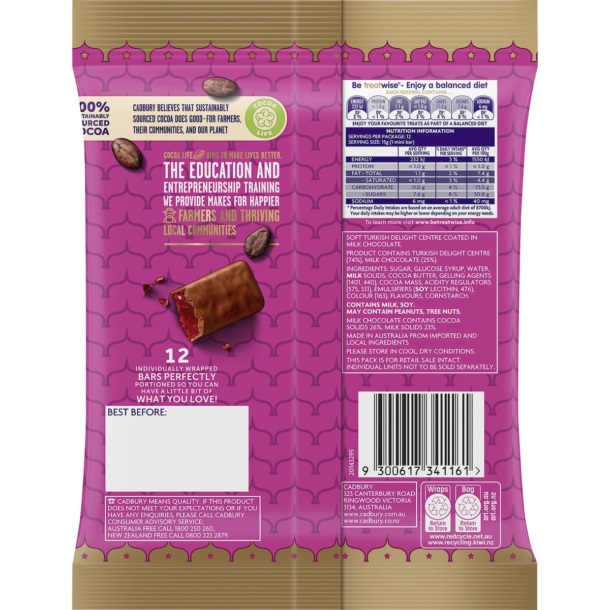 Cadbury Frys Turkish Delight Chocolate Mini Bars 180g 12 Pack