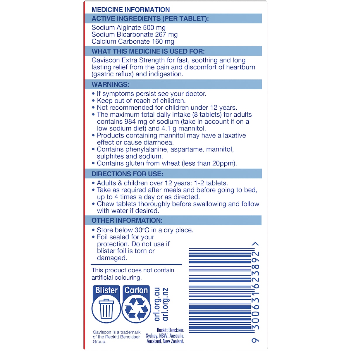 Gaviscon Extra Strength Peppermint Tablets For Acid Reflux Relief 24 Pack