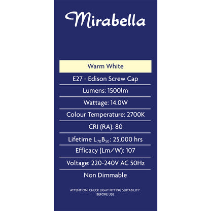 Mirabella Led Gls Es 14.0w 1500lm Warm White 2 Pack