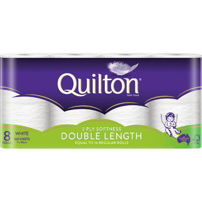 Quilton Double Length White 3 Ply Toilet Paper 8 Pack