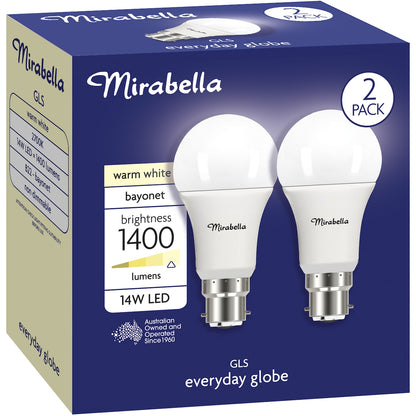 Mirabella LED GLS BC 14W 1400lm Warm White 2 pack