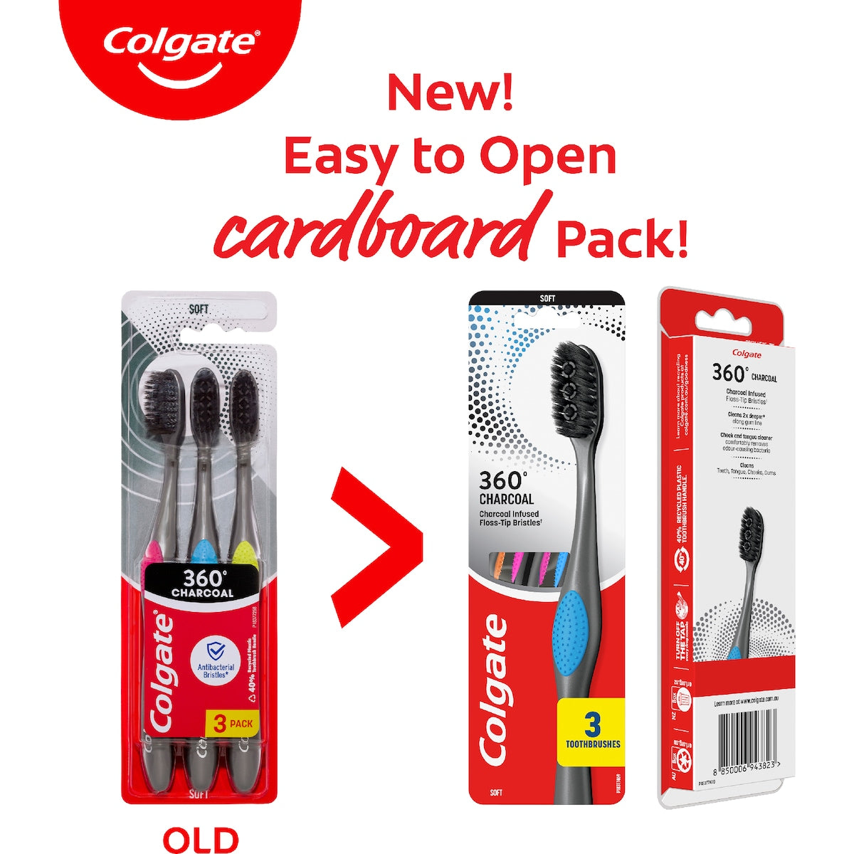 Colgate Toothbrush 360 Charcoal Floss Tip Bristles Soft 3 Pack