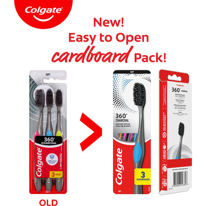Colgate Toothbrush 360 Charcoal Floss Tip Bristles Soft 3 Pack