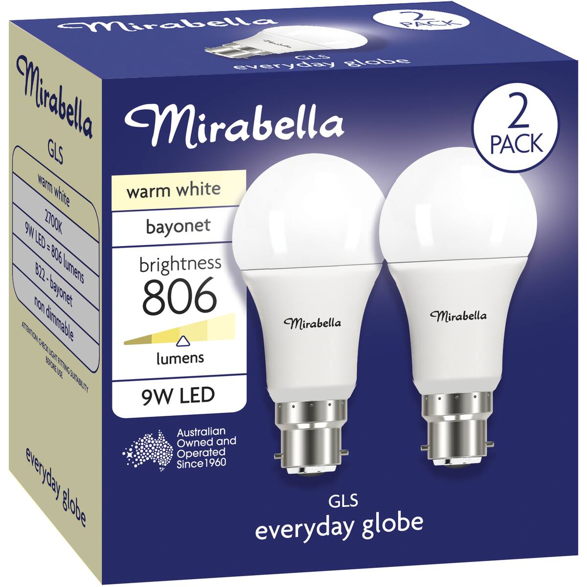 Mirabella Led Gls Bayonet Cap 9w 806lm Warm White Light Globe 2 Pack