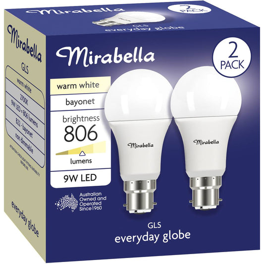 Mirabella Led Gls Bayonet Cap 9w 806lm Warm White Light Globe 2 Pack