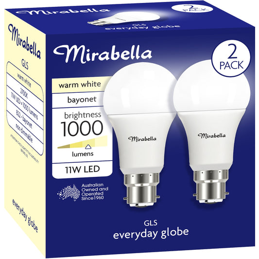 Mirabella LED GLS BC 11W 1000lm Warm White 2 pack
