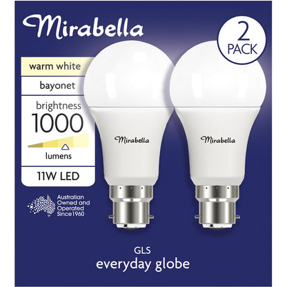Mirabella LED GLS BC 11W 1000lm Warm White 2 pack