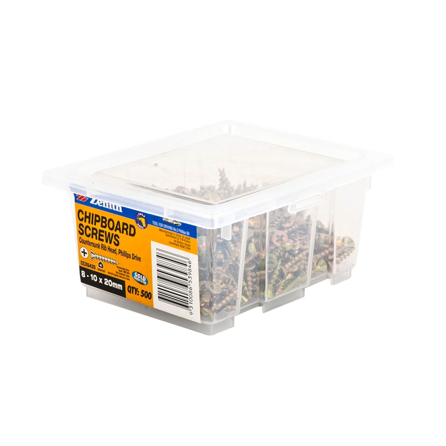 Zenith Countersunk Rib Head Chipboard Screws - 10 x 20mm - 500 Pack - Gold