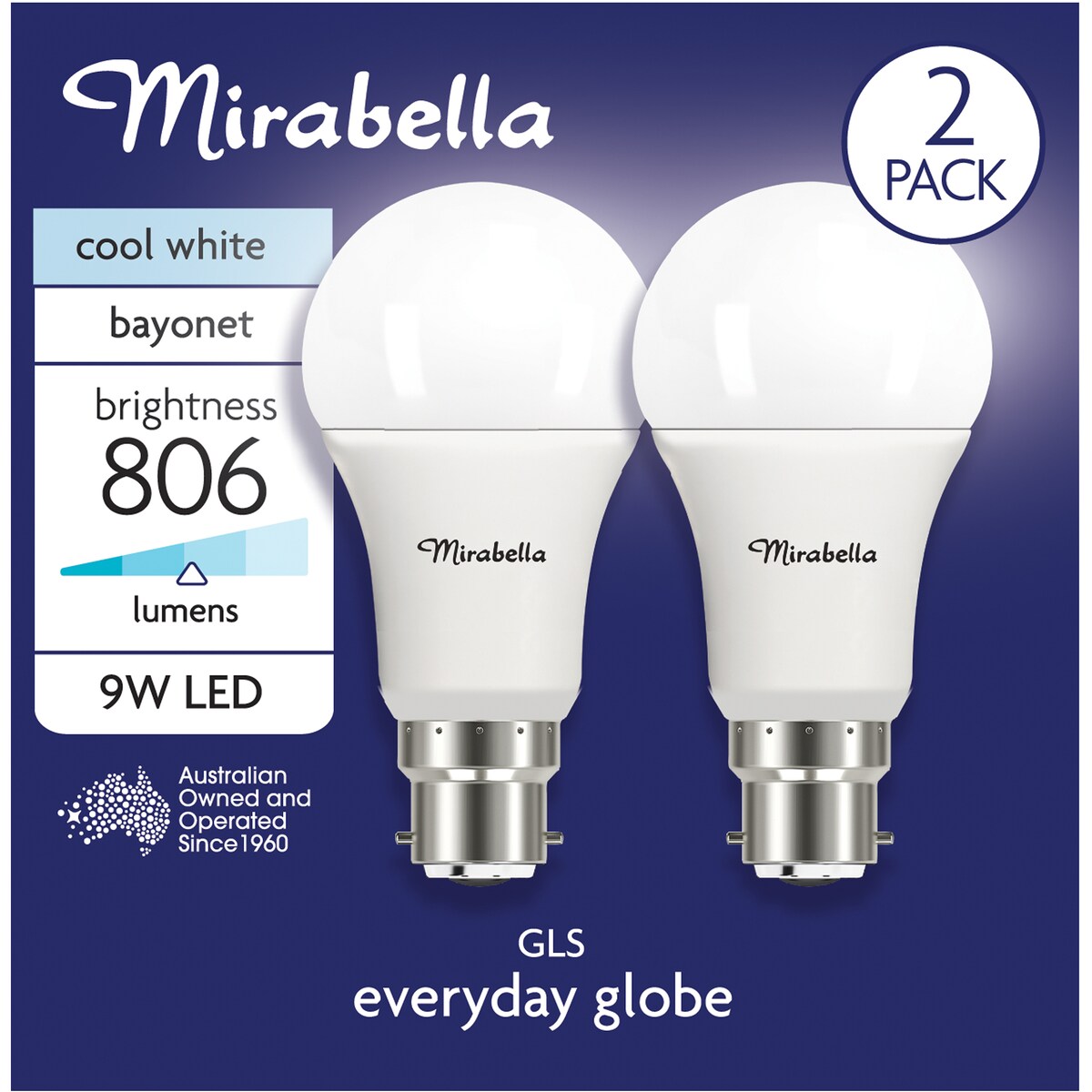 Mirabella LED GLS Bayonet Cap 9W 806lm Cool White 2 pack