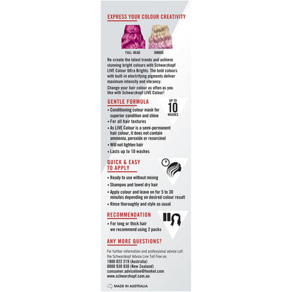 Schwarzkopf Live Colour Pink Hair Dye Shocking Pink Semi Permanent each