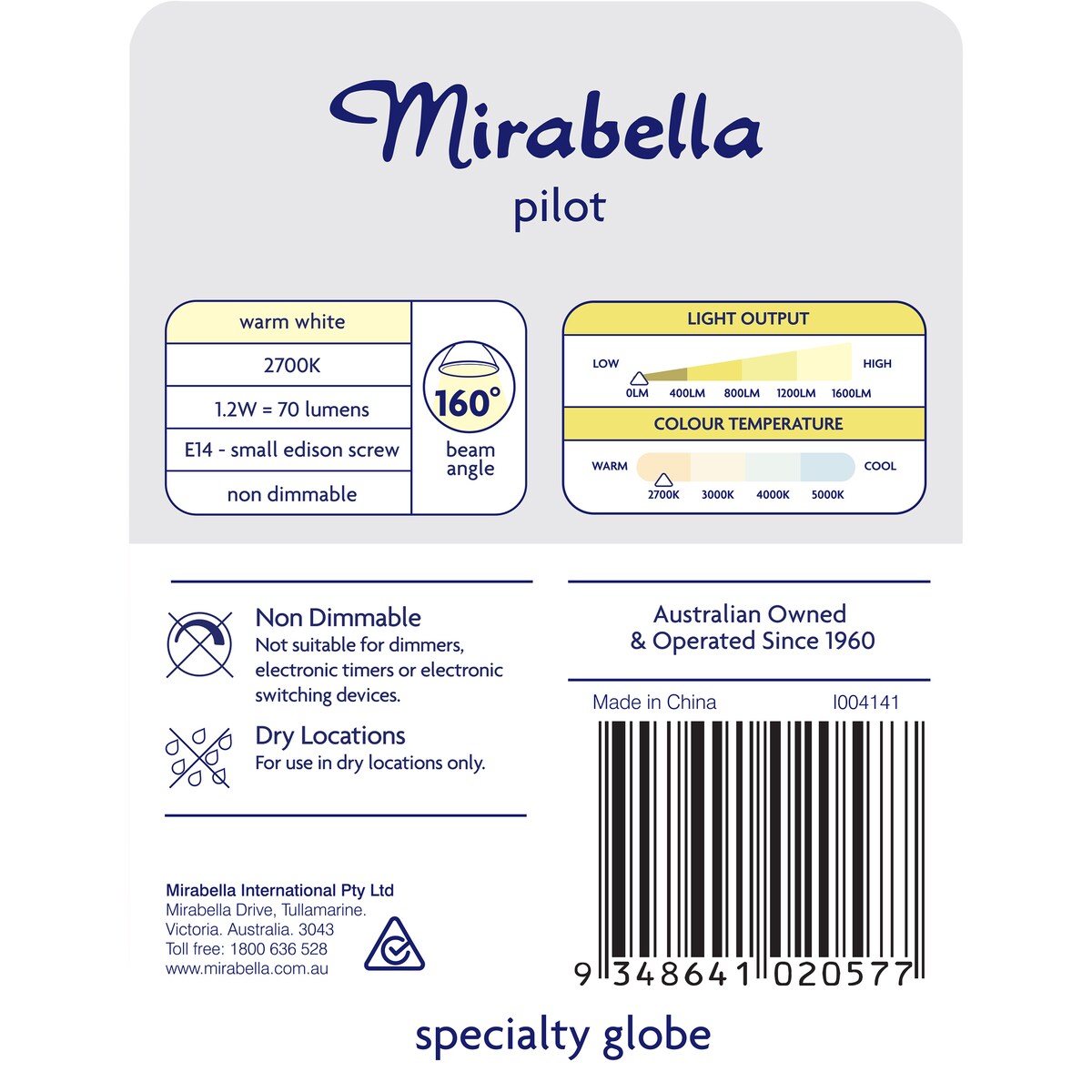 Mirabella LED Pilot T26 Edison Screw 1.2W 70lm Warm White Globe each