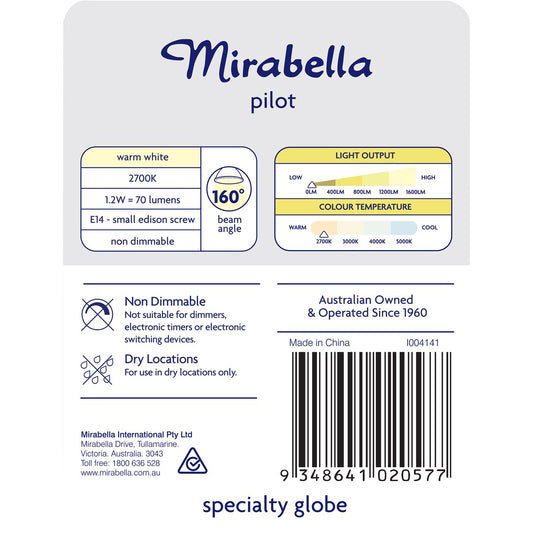 Mirabella LED Pilot T26 Edison Screw 1.2W 70lm Warm White Globe each