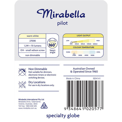 Mirabella LED Pilot T26 Edison Screw 1.2W 70lm Warm White Globe each