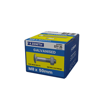 Zenith Hot Dip Galvanised Cup Head Bolts & Nuts - M8 x 50mm - 25 Pack