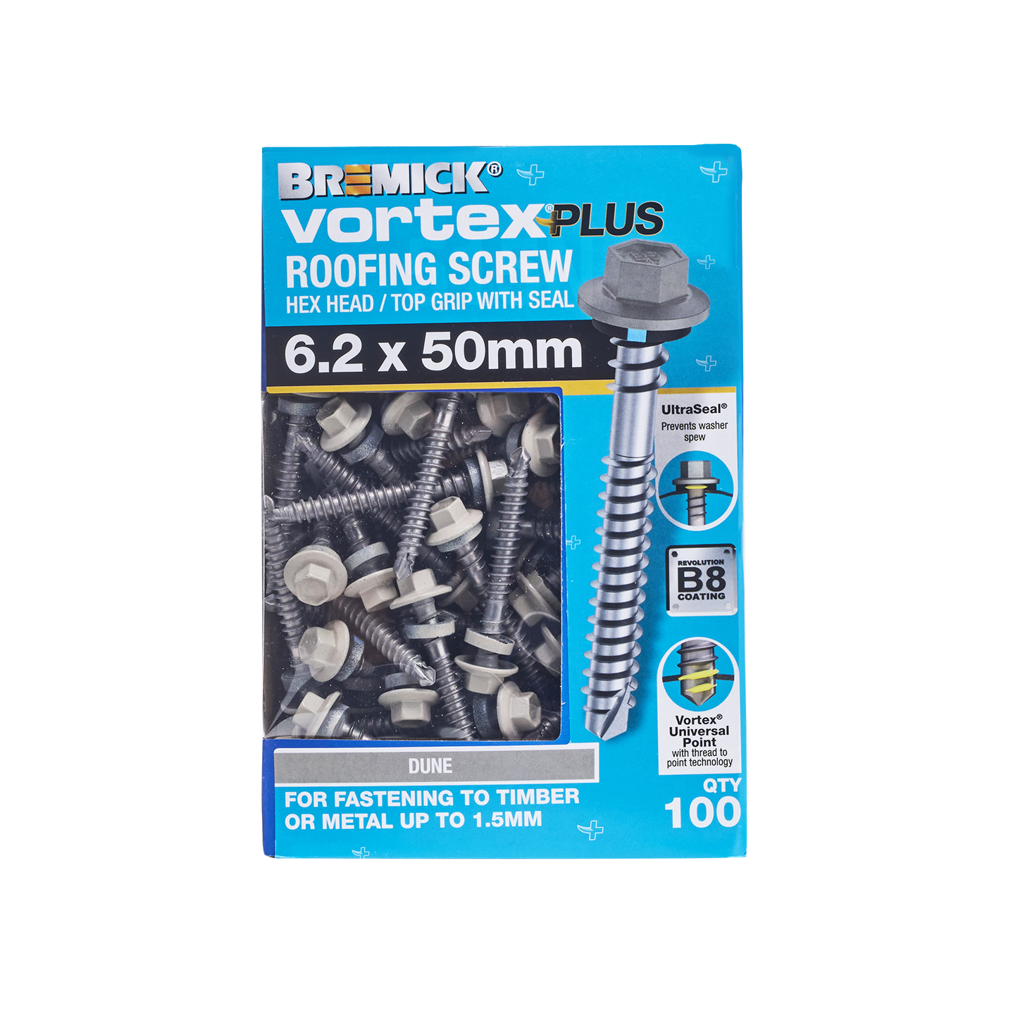 Bremick Vortex Plus Roofing Screw - 6.2 x 50mm - Hex B8 - Dune - 100 Pack