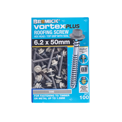 Bremick Vortex Plus Roofing Screw - 6.2 x 50mm - Hex B8 - Dune - 100 Pack