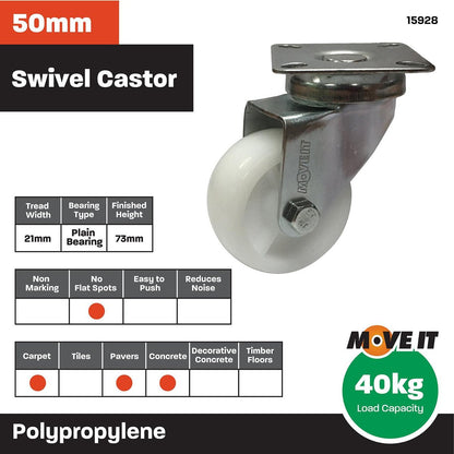 Move It 50mm White Polypropylene Swivel Plate Castor Durable Easy Use