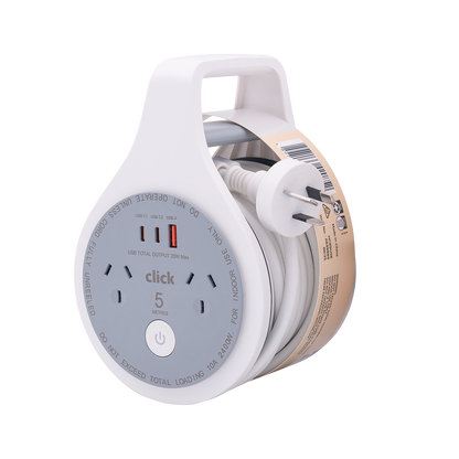 Click Cable Reel - 5m - 2 Outlet - USB PD20W