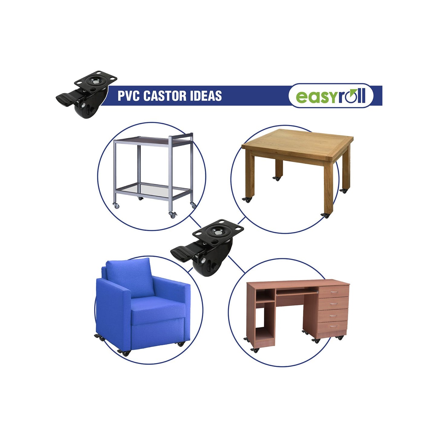 Easyroll Fixed Castor - 50mm - Black PVC - 60kg