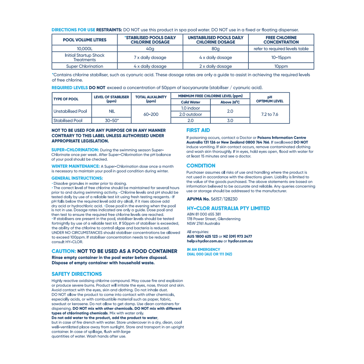 Hy Clor Granular Pool Chlorine - 2kg - Calcium Hypochlorite - Algae Control