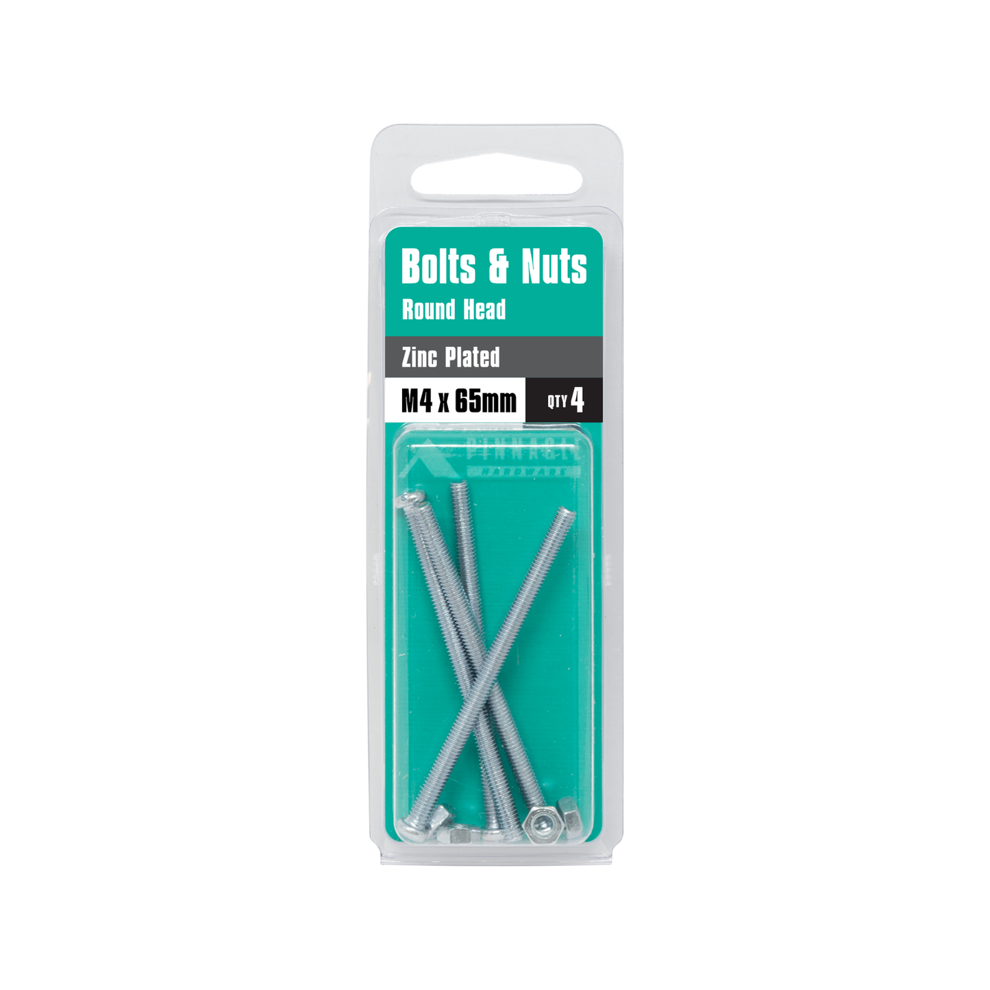 Pinnacle Round Head Zinc Plated Bolts and Nuts - M4 x 65mm - 8 Pack