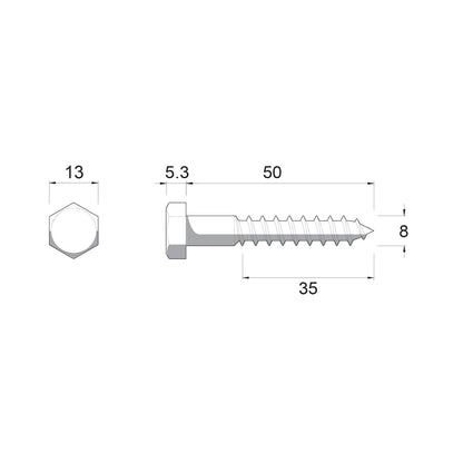 Zenith Hot Dip Galvanised Hex Head Coach Screws - M8 x 50mm - 25 Pack