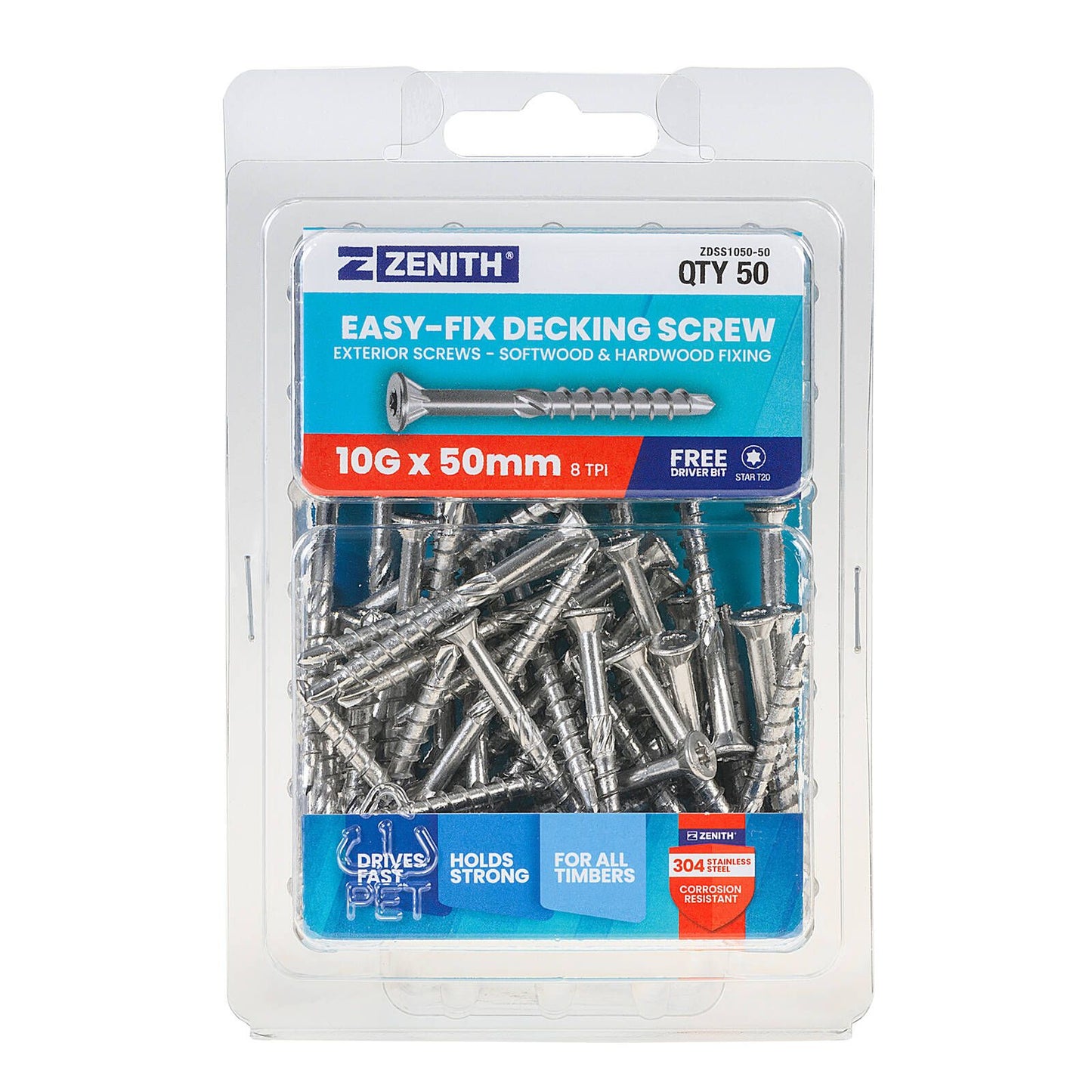 Zenith Easy Fix Decking Screw - T20 10g x 50mm SS304 - 50 Pack