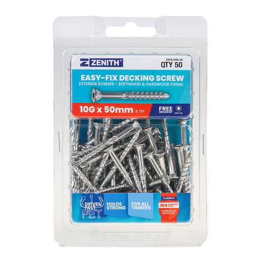 Zenith Easy Fix Decking Screw - T20 10g x 50mm SS304 - 50 Pack