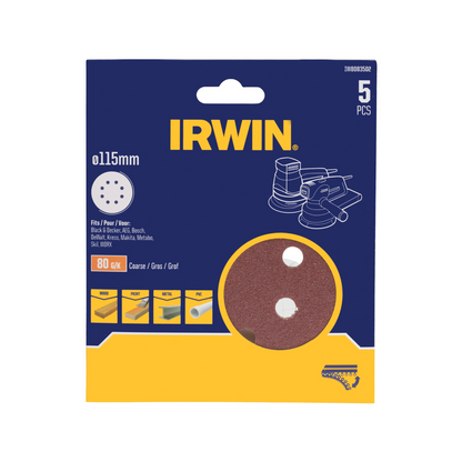 Irwin Quick Fit Random Orbital Sanding Discs - 115mm - 80 Grit - 5 Pack