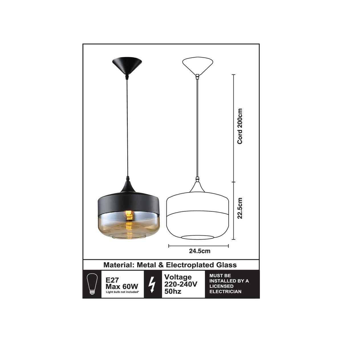 Home Design Ambra Pendant Light - Matte Black Metal - Amber Glass - 60W
