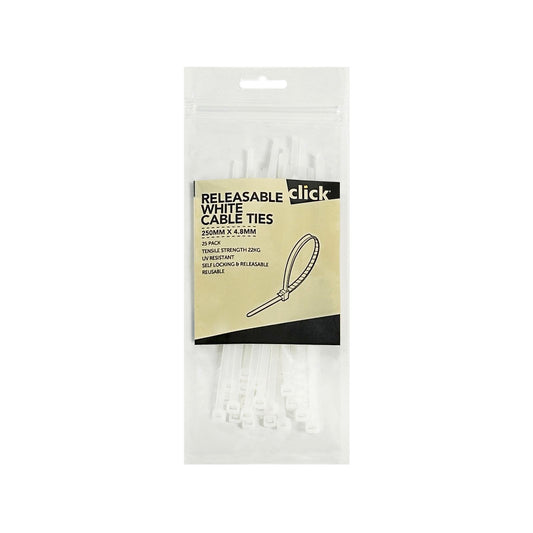 Click Releasable White Cable Tie - 150mm, 25 Pack