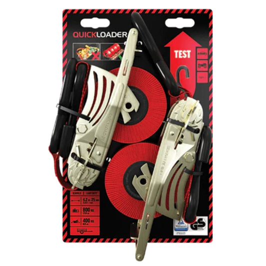 Quickloader Retractable Ratchet Tie Down Strap - 2m - 25mm - 400kg - 2 Pack - Red