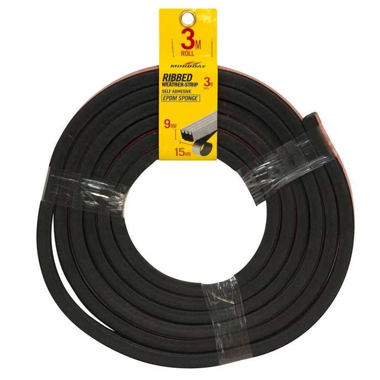 Moroday 15mm x 9mm x 3m Black Self Adhesive Ribbed Weather Strip