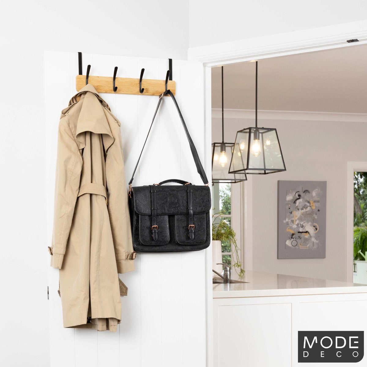 Mode 4 Bamboo Over Door Hanger - 5 Black Hooks - 450mm x 70mm x 45mm